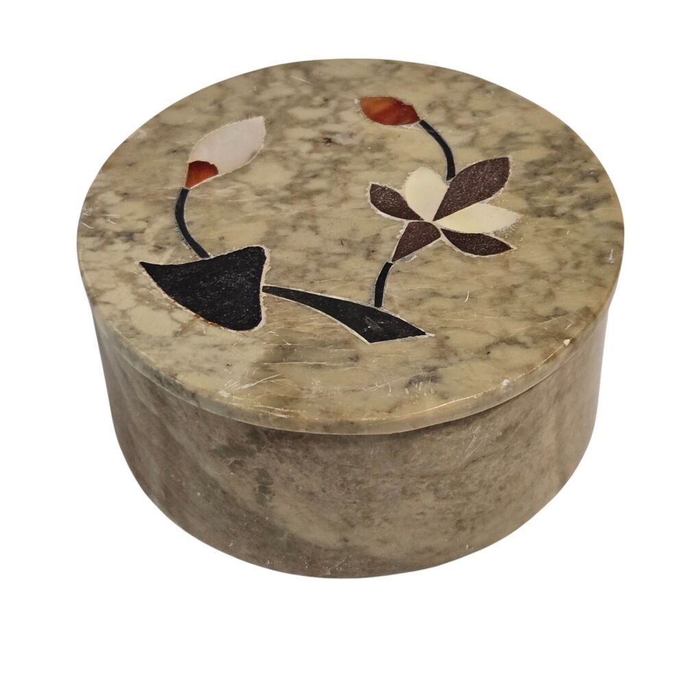 Stone Trinket Jewelry Box with Lid Mother Of Pearl Inlay Round Floral India 3"